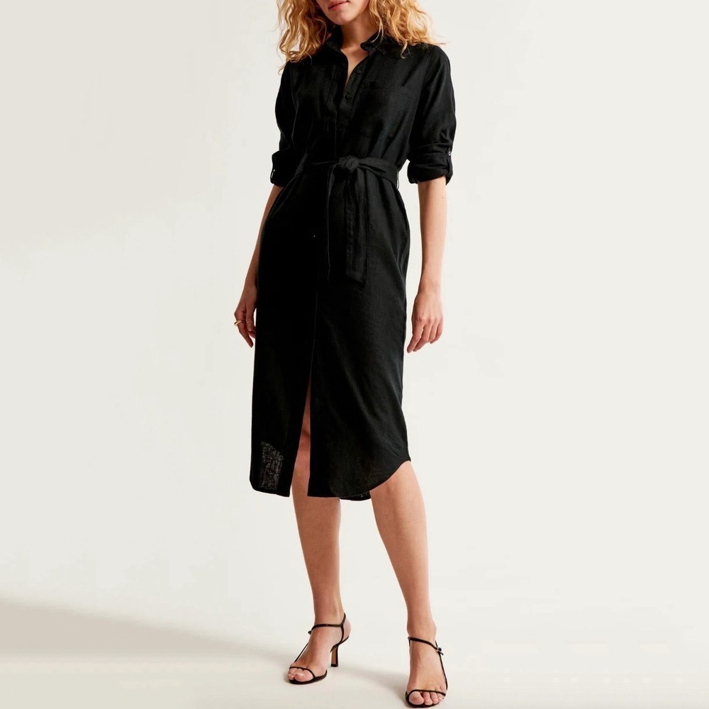 Abercrombie & Fitch Linen-Blend Mid-Length Belted Shirt Dress, Black (Sz S Tall)